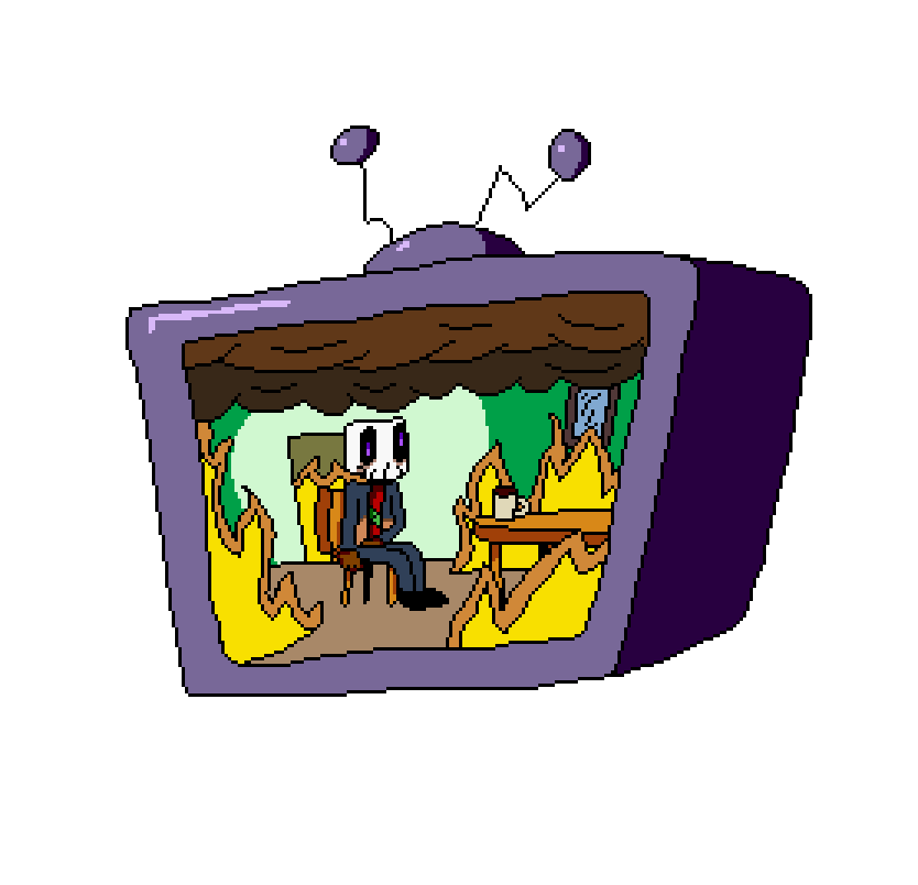 Skull inside a room on fire, being represented as a Pizza Tower TV HUD