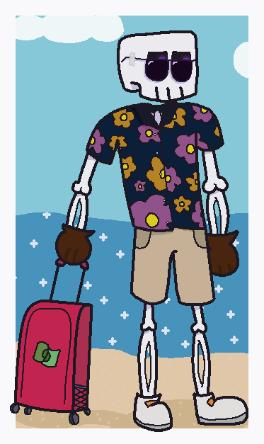 A drawing of skull in a Trip-like costume, with a floral pattern shirt, cargo shorts, and a suitcase